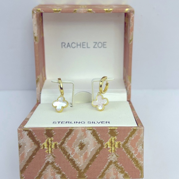 RACHEL ZOE, STERLING CLOVER SILVER GOLD COLOR HOOP EARRINGS, 925 STAMPED - Picture 4 of 14